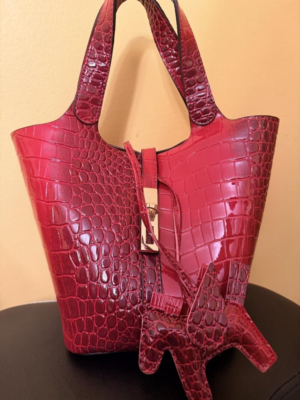 Neiman Marcus Crimson Crimson Red Croc Embossed Shoulder Bag